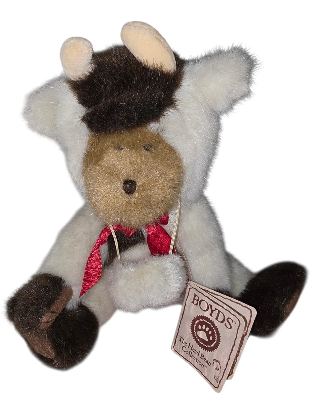 Boyds Bears Cream and Brown Plush Bear in Cow Costume with Red Bow